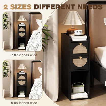 Narrow Nightstand (Rattan & Wood) - Small Bedside Table with 2 Drawers, Open Shelf, Mid Century Modern End Table - for Bedroom, Living Room & Small Spaces, Black - color: Black, size: 7.9"W (1 Pc)