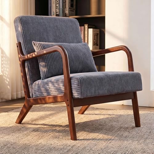 Mid Century Modern Accent Chair with Solid Rubber Wood Frame, Comfy Corduroy Reading Armchair with Lumbar Pillow, 350 LBS Heavy Duty Lounge Chair for Bedroom, Living Room & Small Spaces - color: Vintage Grey (Corduroy + Rubberwood), size: 1-Piece