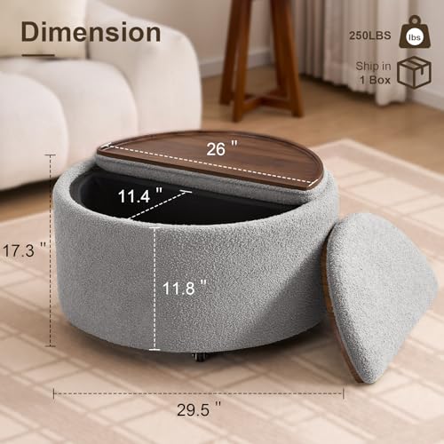 29.5" Round Storage Ottoman Coffee Table, Dual Reversible Lids, Grey | Round Ottoman Coffee Table, Swivel Casters, Hidden Storage, Dual Lift-Off Lids, Teddy Fabric, Living Room, Bedroom - color: Grey