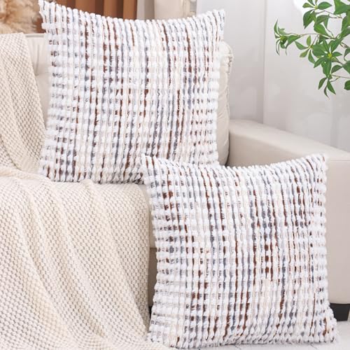 LUOYEHK Boho Throw Pillow Covers 22x22 Inch Set of 2 Chenille Tufted Pillowcase Farmhouse Neutral Cushion Covers for Couch Sofa Bed Living Room, Brown White - color: Brown White, size: 22" x 22" (Pack of 2)
