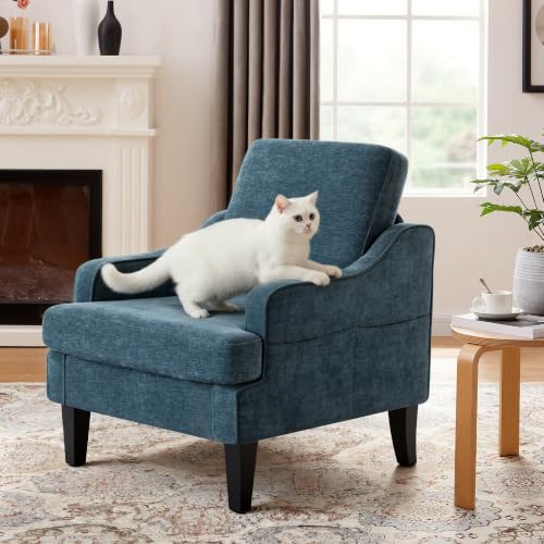 Accent Chair for Living Room,Mid-Century Arm Chair Fabric Living Room Chairs,Upholstered Reading Chair for Bedroom,Single Sofa Chair with Wood Legs for Apartment (1, Chenille Blue) - color: Blue