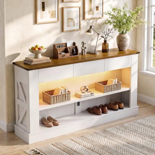 Miereirl 63" Console Table with Drawers & LED Light, Rustic Brown & White | Narrow Entryway Sofa Table, 3 Storage Drawers & Open Shelves, Behind Couch, Living Room Hallway Foyer - color: Rustic Brown&white