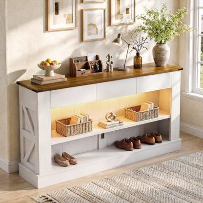 Miereirl 63" Console Table with Drawers & LED Light, Rustic Brown & White | Narrow Entryway Sofa Table, 3 Storage Drawers & Open Shelves, Behind Couch, Living Room Hallway Foyer - color: Rustic Brown&white