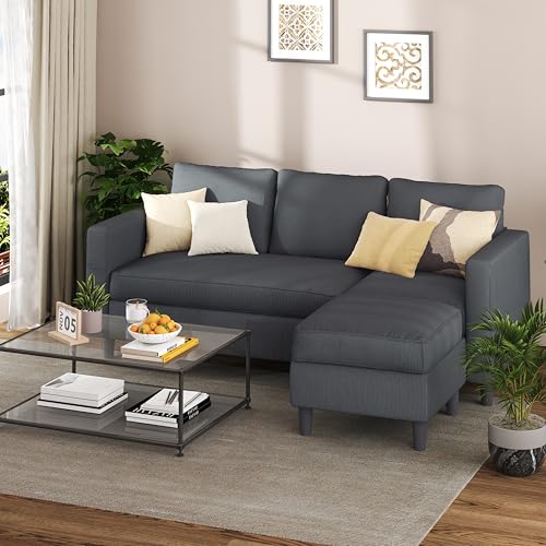 Shintenchi Small Convertible Sectional Couch with Movable Ottoman, 3 Seat L Shaped Sofa with Corduroy, Upholstered Sectional Sofa, Small Couches for Living Room, Apartments, Office (Dark Grey) - color: Dark Gray/Corduroy