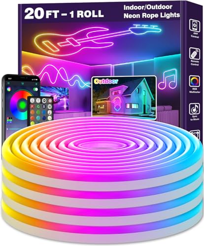 AILBTON 20Ft LED neon Lights with Remote APP Control IP65 Waterproof Flexible Neon Strip Lights 24V RGB Rope Lights for Bedroom Room Outdoors Décor - size: 20FT