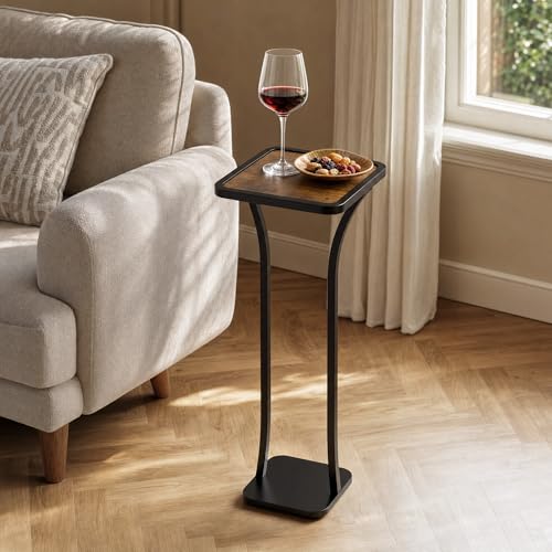 Small Square Side Table, Drink Table with Weighted Base, Solid Wood & Metal Accent Table for Small Spaces, Pedestal End Table for Living Room, Bedroom, Office(Black + Walnut) - color: Brown