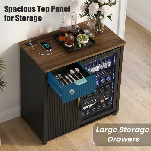 Apicizon Coffee Bar Cabinet with Fridge Space, Modern Fluted Coffee Station with Wine Beverage Storage, Drawer, Glass Holder, Wood Buffet Sideboard Table for Kitchen, Dining Room, 41.33" L, Black - color: Black