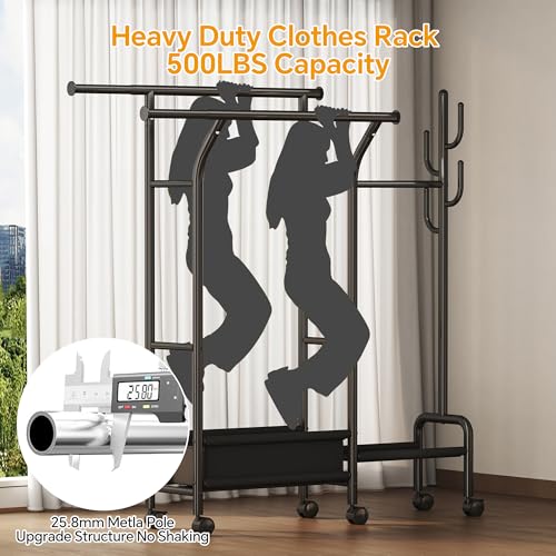 Homeiju Heavy Duty Clothes Rack Load 500LBS, Three Rods Clothing Racks for Hanging Clothes Extendable, Rolling Garment Rack with Sturdy Wheels, Basket, Storage Shelves, Black - color: Black