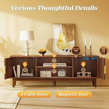 54 Inch Fluted TV Stand for TVs Up to 55, 60 Inch, Mid Century Modern Entertainment Center with Storage, TV Console with Adjustable Shelves, Midea Console for Living Room Bedroom, Brown - color: Walnut