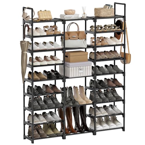 WOWLIVE 9 Tier 3-Column Shoe Rack, 50-55 Pairs Stackable Black | 50in Long for Larger Entryways, Removable Shelves Fit Tall Boots, Split into Multiple Units for Garage Closet - color: Black, size: 3 Row 9 Tier