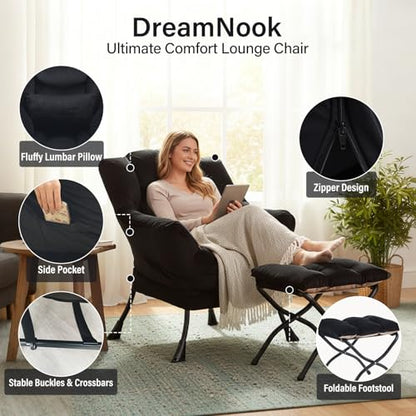 Lazy Chair with Ottoman, Velvet Reading Chair with Pillow， Black | Comfy Accent Lounge Chair with Pillow & folding Foot Stool, sturdy metal frame for bedroom, dorm or apartment, Living Room - color: Pure Black