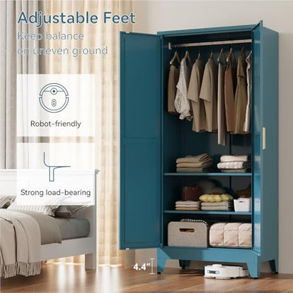 71" Tall Metal Armoire Wardrobe Closet with Removable Hanging Rod and Adjustable Shelves,Blue - color: Blue, size: 17.7"D x 31.5"W x 71"H-2