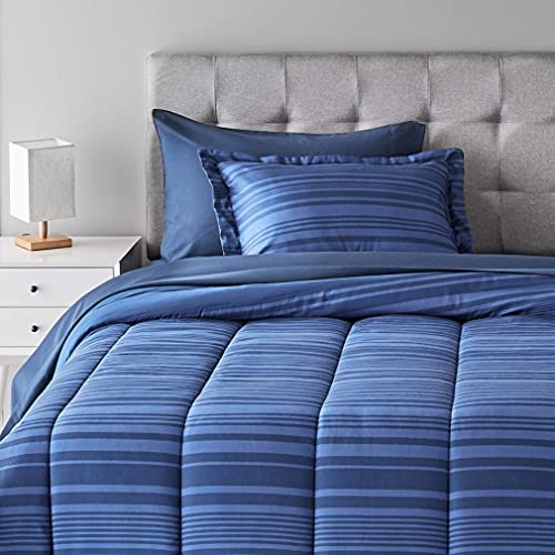 Amazon Basics Twin/Twin XL Comforter Set with Sheets, 5-Piece Blue Calvin Striped Bedding, Lightweight Microfiber Bed-in-a-Bag, Machine Washable - color: Blue Calvin Stripe, size: Twin/Twin XL, style: 1-Pack