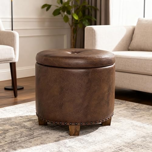 HomePop 18.5" Round Storage Ottoman with Nailheads - Brown Faux Leather - color: Brown Faux Leather