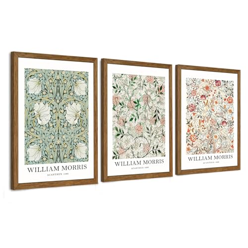 William Morris Classic Wall Art Green Pink And White Floral Picture 12x16in | Vintage 3 Pieces Botanical Art Prints for Living Room Office Home Decoration Wood Framed - color: Morris, size: 16"L x 12"W