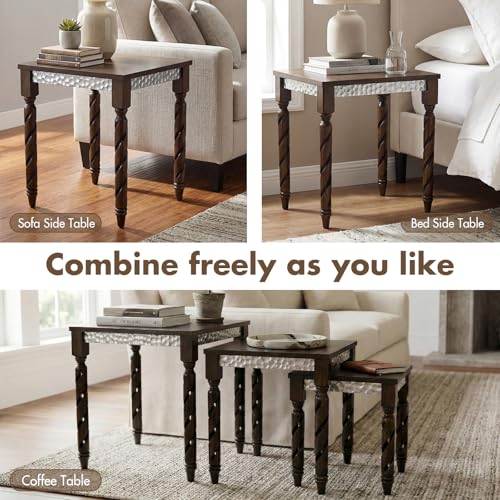 Hyfirm Nesting Tables Set of 3, Walnut Mid Century Modern Accent Tables with Spiral Rubber Wood Legs & Silver Honeycomb Apron, Retro Stackable Side Tables for Living Room, Bedroom & Small Apartments - color: Walnut Top+silver Apron