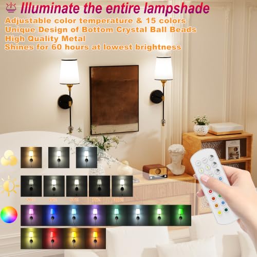 PAIHOME Wall Sconce Set of Two Battery Operated Black Gold Wall Decor Light | Battery Powered, Large Capacity, Wireless,Rechargeable,15 Color Modes, Memory Function, Mid-century Design,Smart Timer - color: Gold&Black