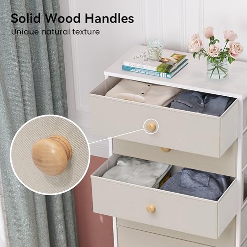 Fabric Dresser for Bedroom, Wide 7-Drawer Tall Vertical Tower (Beige) | Wooden Top, Steel Frame, Easy Pull Bin,Organizer Unit for Living Room, Hallway, Entryway, Nursery, Closets - color: Beige, style: Wide-7 Drawers