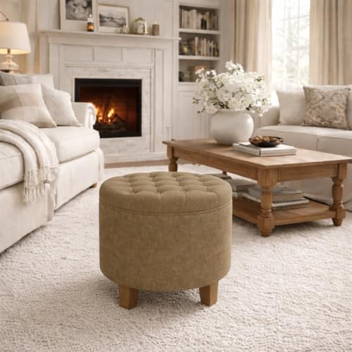 HomePop 19" Velvet Button Tufted Round Storage Ottoman - Mocha Velvet - color: Mocha Velvet