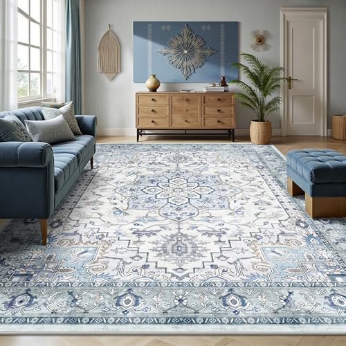 8x10 Area Rugs for Living Room - Washable Rug Vintage Distress Boho Medallion Rugs for Bedroom, Soft Non-Slip Backing Low Pile Carpet for Dining Room Office Nursery Home, Blue Grey Purple - color: D- Blue/Grey/Purple, size: 8' x 10' (Rectangular)