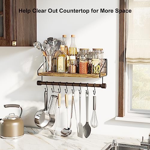Alsonerbay Floating Shelf for Wall with Wooden Towel Bar, Carbonized Black | 8 removable hooks, rustic finish, space-saving, holds utensils & mugs, easy installation, kitchen & bathroom use - color: Carbonized Black