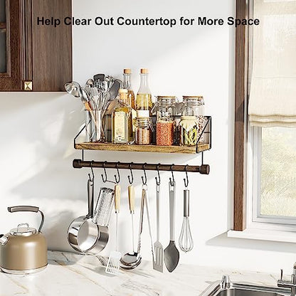 Alsonerbay Floating Shelf for Wall with Wooden Towel Bar, Carbonized Black | 8 removable hooks, rustic finish, space-saving, holds utensils & mugs, easy installation, kitchen & bathroom use - color: Carbonized Black