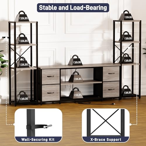 Yenlure LED TV Stand Bookshelf Combo with Charging Station for 65 60 55 Inch TV, Entertainment Center with Lights & Drawers, Industrial Media TV Console Table for Living Room Bedroom Office, Greige - color: Greige