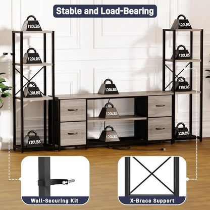 Yenlure LED TV Stand Bookshelf Combo with Charging Station for 65 60 55 Inch TV, Entertainment Center with Lights & Drawers, Industrial Media TV Console Table for Living Room Bedroom Office, Greige - color: Greige