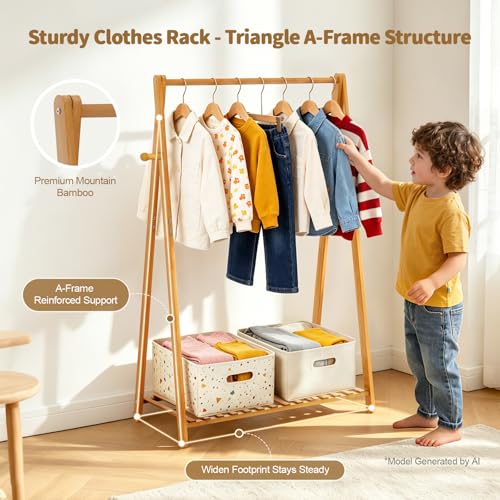 Kids Clothing Rack Small Baby Clothes Racks Bamboo Garment Rack 42"H | Wooden Short Mini Dress Up Costume Rack with Shelves for Hanging Clothes, Nursey Toddler Shower Children Clothes Hanger Rack - size: 1-Tier,42" Tall
