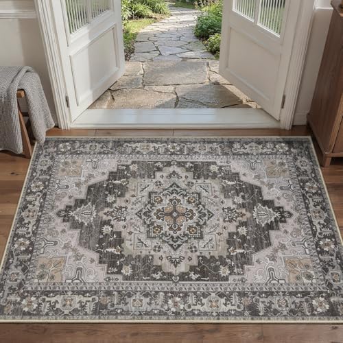 Tangsoo Vintage 2x3 Washable Rugs for Entryway, Non Slip Small Area Rug | Oriental Indoor Front Door Rug, Farmhouse Soft Low Pile Door Mat Carpet Throw Rugs for Entry Entrance Kitchen Bedroom Decor - color: Brown/Grey, size: 2' X 3' (Rectangular)
