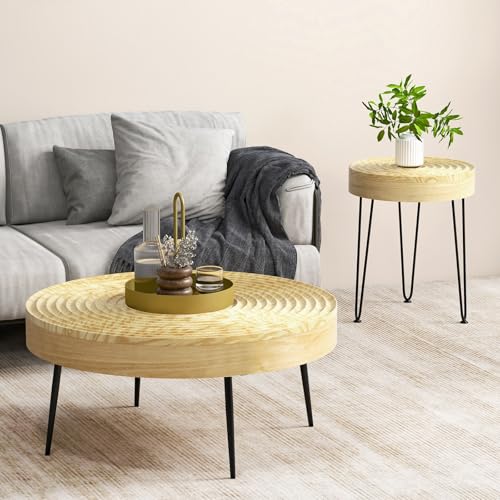 Giantex Boho Round Coffee Table Set of 2, Sofa Side Nesting Table with Solid Pine Wood Top, Metal Legs & Adjustable Foot Pads, 31.5" D Large Table Set for Living Room (Ring Pattern, Natural) - color: Natural, style: Ring Pattern
