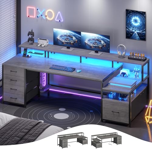 SEDETA 75'' Large Home Office Desk with 5 Drawer, Power Outlet, File Drawer | 23.6" W Desktop Computer Desk with Storage Shelves, Monitor Shelf, Led Lights, for Home Office, Dorm, Gaming Room, Grey - color: Grey, size: 75X23.6inch