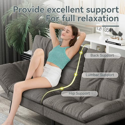 Futon Sofa Bed Convertible Couch, Grey Linen Sofa Bed | Adjustable Backrest & Armrests, Multifunctional Small Loveseat Sleeper Sofa for Living Room, Apartment, Office, Foam Couch - color: A1 | Dark Grey