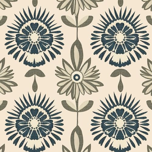 BOKEBEVE Boho Floral Peel and Stick Wallpaper Beige Blue 17.5 x 393.5In | Extra Long Symmetry Contact Paper Modern Wall Paper for Bedroom Accent Walls Laundry Nursery Pantry Renter Friendly Removable - color: Dark Beige/Blue/Green, size: 17.5" x 393.5"