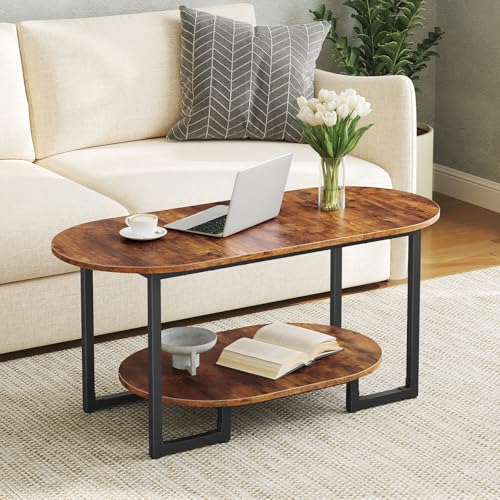 HOOBRO Coffee Table for Living Room, Oval Small Coffee Table with 2-Tier Open Storage Shelf, Industrial Cocktail Tea Table, Wooden Desktop Center Table, Farmhouse, Home Office, Rustic Brown BF09KF01 - color: Rustic Brown
