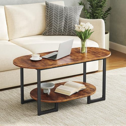 HOOBRO Coffee Table for Living Room, Oval Small Coffee Table with 2-Tier Open Storage Shelf, Industrial Cocktail Tea Table, Wooden Desktop Center Table, Farmhouse, Home Office, Rustic Brown BF09KF01 - color: Rustic Brown