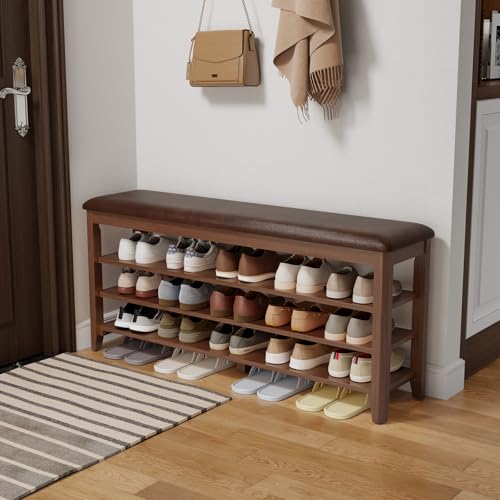 AQIMUELE Shoe Bench with Leather Cushion, 3 Tiers Shoe Storage Bench Height Adjustable, Walnut Wood Entryway Bench for Hallway, Mudroom - color: Walnut, size: 47.2"