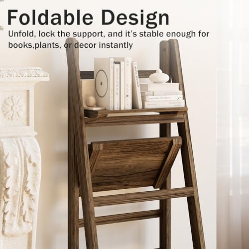 Ladder Shelf 4-Tier Foldable Solid Wood Bookshelf Plant Stand | Folding Wooden Ladder Bookshelf, Plant Stand for Small Space, Display Rack for Living Room, Bedroom, Balcony, Rustic Brown - color: 4-tier/Dark Brown
