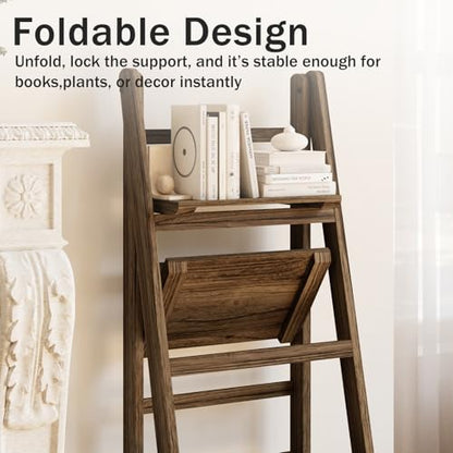 Ladder Shelf 4-Tier Foldable Solid Wood Bookshelf Plant Stand | Folding Wooden Ladder Bookshelf, Plant Stand for Small Space, Display Rack for Living Room, Bedroom, Balcony, Rustic Brown - color: 4-tier/Dark Brown