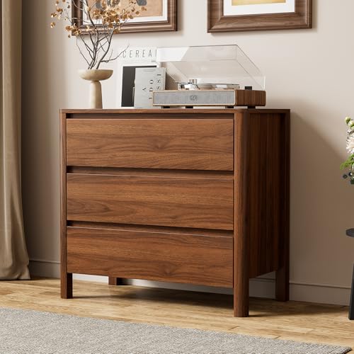 Furniway 31.5" Mid-Century Modern Dresser for Bedroom, 3 Drawer Small Chest of Drawers with Wood Legs, Large Storage Bedroom Dresser, Walnut - size: 3 Drawers