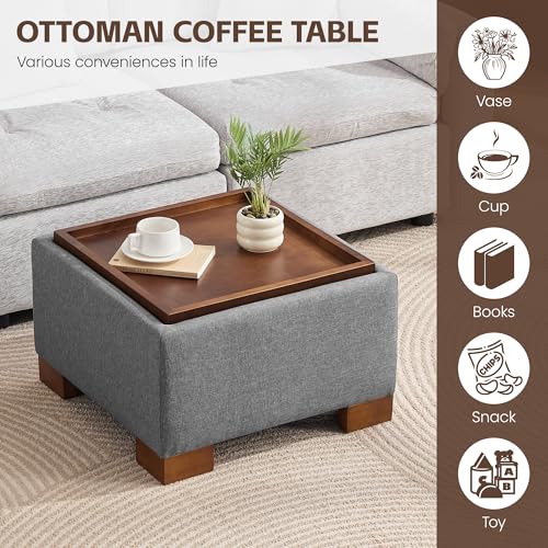 WUTUTUEE 24" Square Ottoman Coffee Table with Storage, Fabric Ottomans with Tray and Solid Wood Legs for Living Room, Bedroom and Apartments, Small Modern Ottoman Tea Table with Lift-Off Lid, Grey - color: 24'' Grey Fabric
