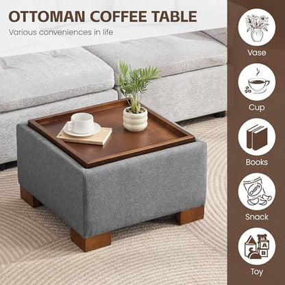 WUTUTUEE 24" Square Ottoman Coffee Table with Storage, Fabric Ottomans with Tray and Solid Wood Legs for Living Room, Bedroom and Apartments, Small Modern Ottoman Tea Table with Lift-Off Lid, Grey - color: 24'' Grey Fabric