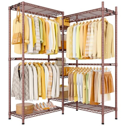 E4L L-shaped Clothes Rack, Heavy-Duty Garment Rack, Metal Freestanding Clothing Organization Storage System with Shelves and Hangers, Max Load 962lbs, 42.7" W x 42.7" D x 79.3" H, Bronze - color: Bronze
