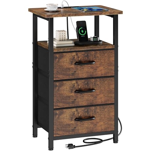 Nightstand with Charging Station, Bedside Table with USB Ports and Outlet, End Table Side Table with 3 Fabric Drawers and Storage Shelf, Bed Side Table Night Stand for Bedroom, Rustic Brown - color: Rustic Brown, size: 1 Piece, style: Ordinary