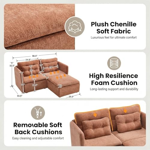 HNY 56.5" Modern Loveseat Sofa, Brown | 2-Seat Button Tufted Love Seat, Deep Seat Chenille Fabric With Pillow, Small Couch for Bedroom, Apartment, Home Furniture - color: Brown, size: 2 Seater-L Shape