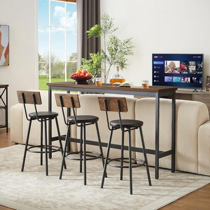 63” Long Bar Table Set for 3, Counter Height Industrial Pub Table with 3 PU Upholstered Bar Stools, Space-Saving Kitchen Breakfast Table and Chairs for Small Spaces, Rustic Brown and Black - color: Rustic Brown, style: Long bar table with stools/bar table