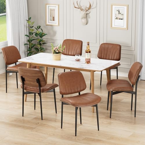Dining Chairs Set of 2, Mid-Century Modern Upholstered PU Leather Chairs | with Walnut Bentwood Back and Metal Legs Adjustable Feet for Kitchen Dining Room, Camel Shell Strips - color: Camel Shell Strips