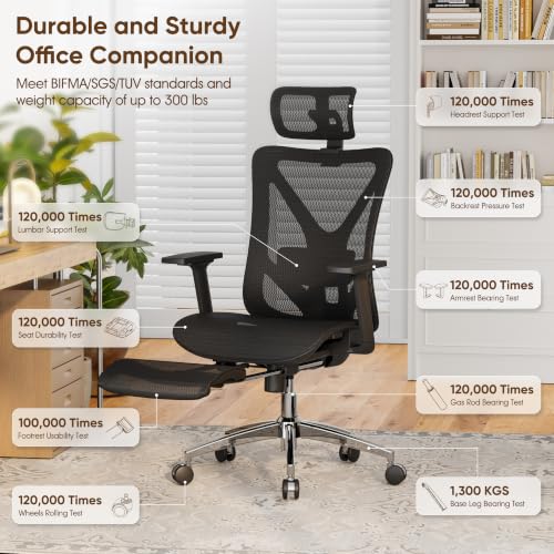 Ergonomic Office Chair with Footrest, 135° Reclining Desk Chair with Adjustable Lumbar Support,3D Armrest,Headrest & Large Steel Base, 300LBS Heavy Duty Mesh Chair - color: Onyx Black, size: 20.6X19.1X42.7~48.8 Inches