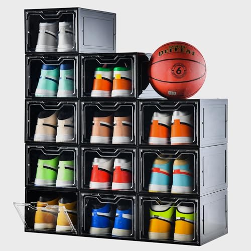 Stebopum 12 Pack Shoe Boxes Organizer, Magnetic Door Shoe Storage Boxes, Clear Sneaker Storage Box for Women/Men, Fit up to US Size 12 - color: Black, size: 12 Count Fit Size 12