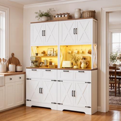 Unikito 71" Tall Kitchen Pantry Storage Cabinet with LED Light, White | 63" Wide, Microwave Countertop, Power Charging Station, Large Hutch Cabinet with Drawers, Home Unit for Dining Room - color: White, size: 63 Inch